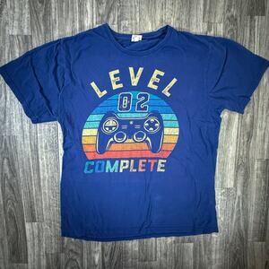 Level 02 Complete Gamer Graphic Tee XL Blue Retro Controller T-Shirt Cotton